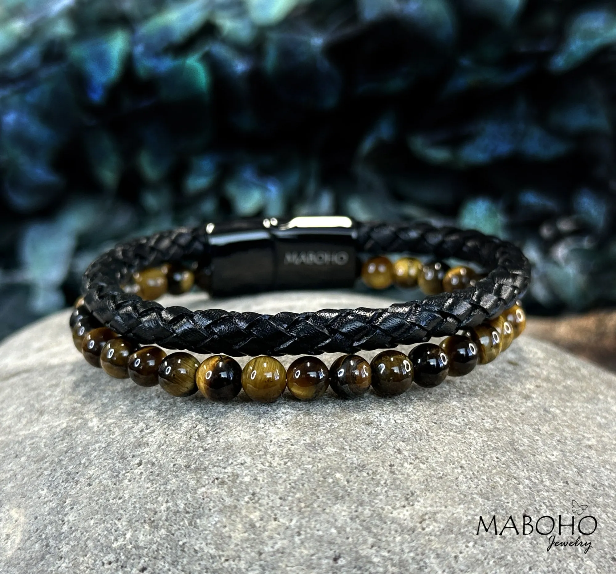 Men's Tiger's Eye and Braided Leather Double Bracelet
