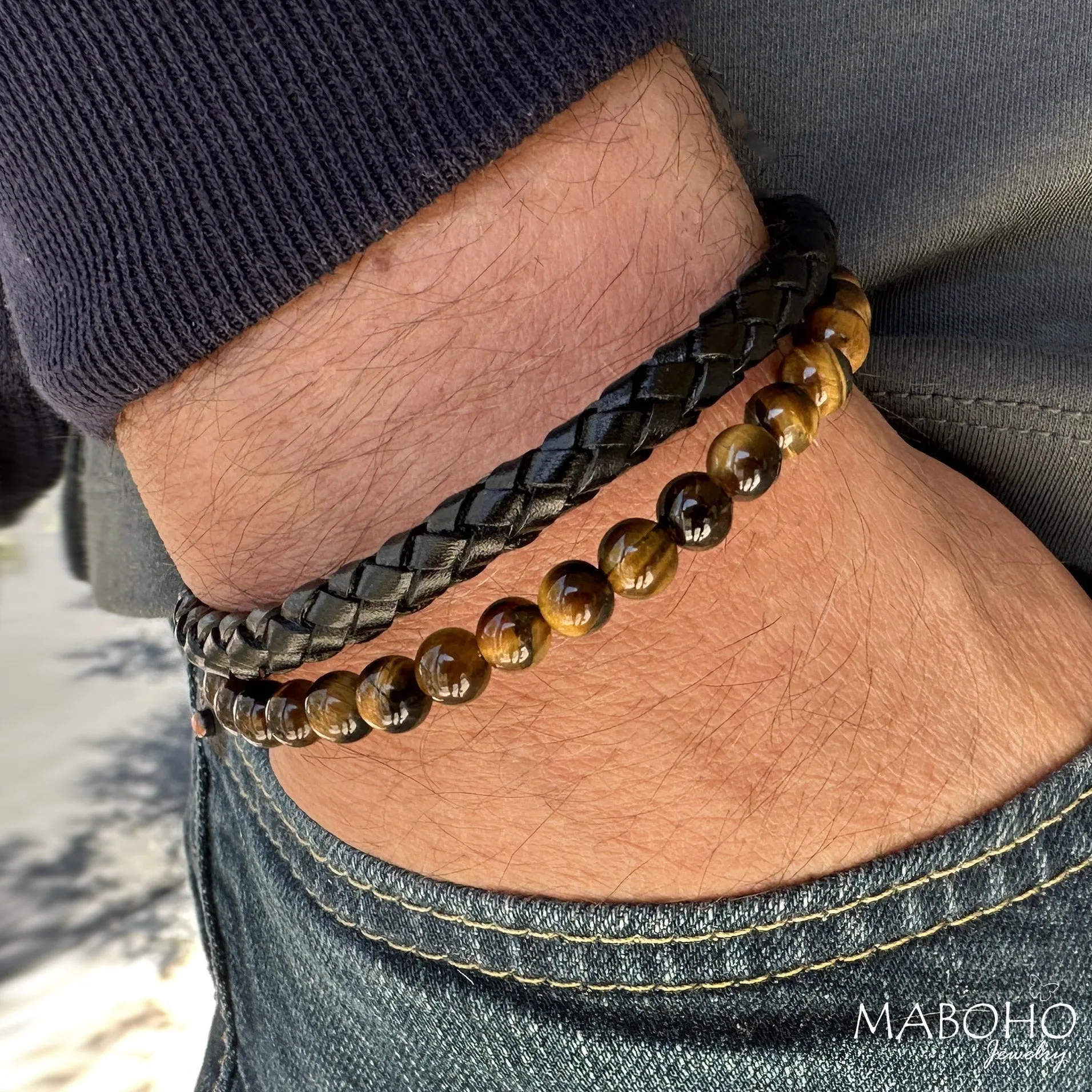 Men's Tiger's Eye and Braided Leather Double Bracelet