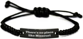 Missouri Gifts for Her, Valentine's Unique Rope Bracelet with Quote 'There's No Place Like Missouri', Adjustable Black Rope, Black Stainless Steel, and Organza Bag (150-200 characters in total)