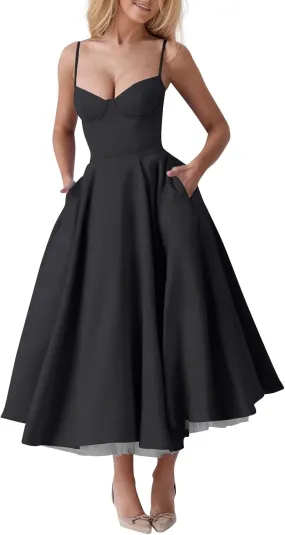NBXNZWF Women's Corest Dress Spaghetti Strap A-line Drop Waist Midi Dress Flowy Pleated Hem Low Cut Bustier Prom Dresses