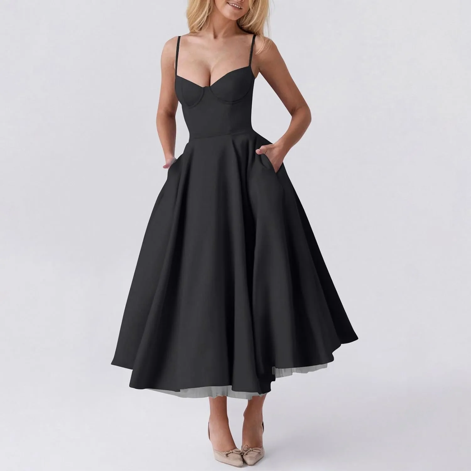 NBXNZWF Women's Corest Dress Spaghetti Strap A-line Drop Waist Midi Dress Flowy Pleated Hem Low Cut Bustier Prom Dresses
