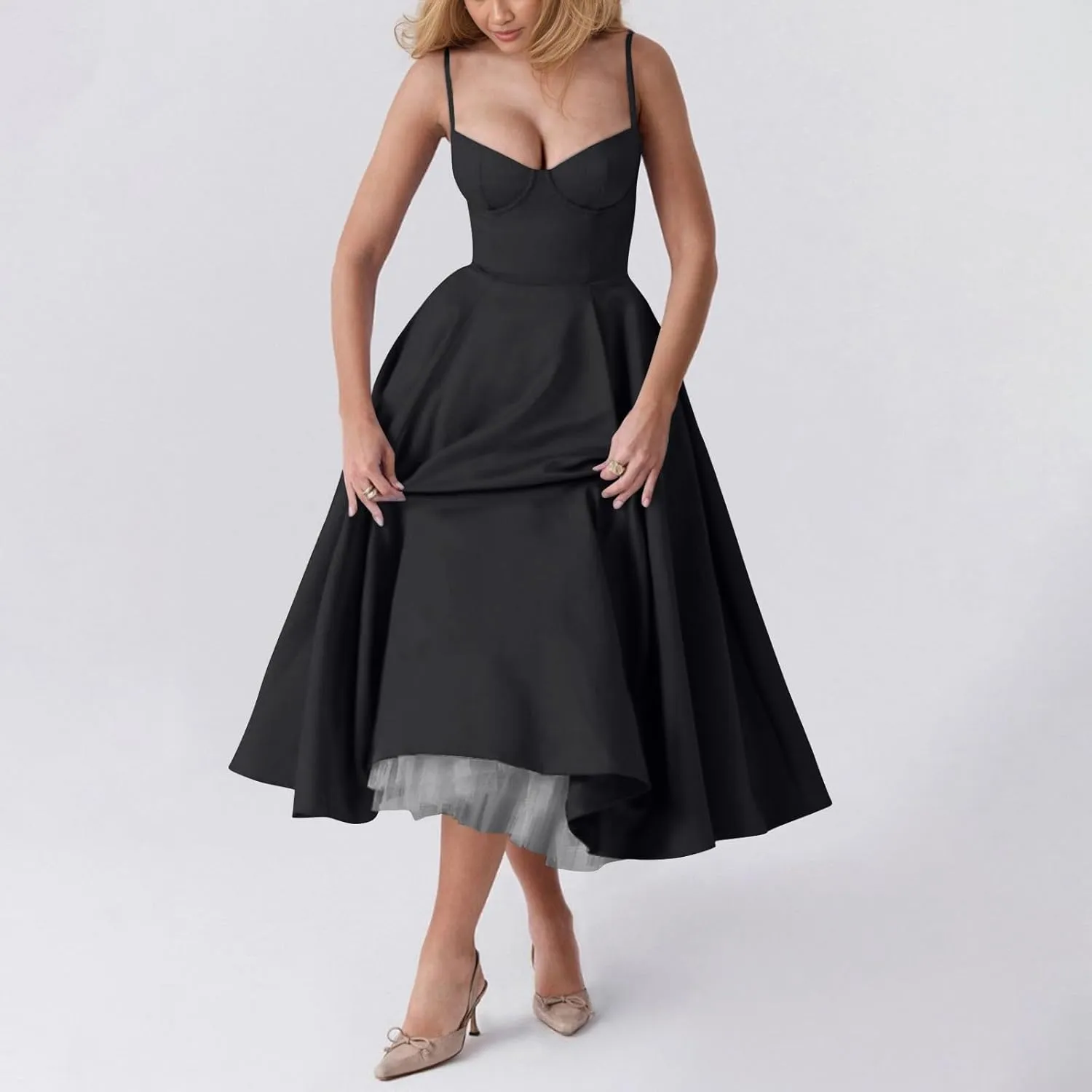 NBXNZWF Women's Corest Dress Spaghetti Strap A-line Drop Waist Midi Dress Flowy Pleated Hem Low Cut Bustier Prom Dresses