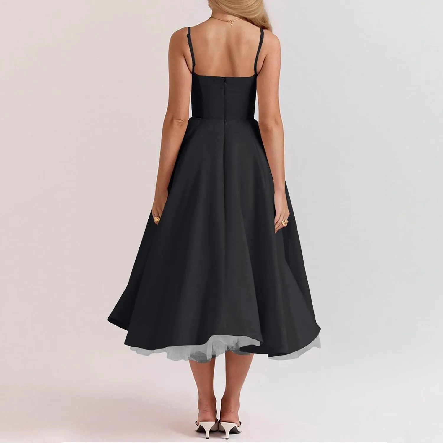 NBXNZWF Women's Corest Dress Spaghetti Strap A-line Drop Waist Midi Dress Flowy Pleated Hem Low Cut Bustier Prom Dresses