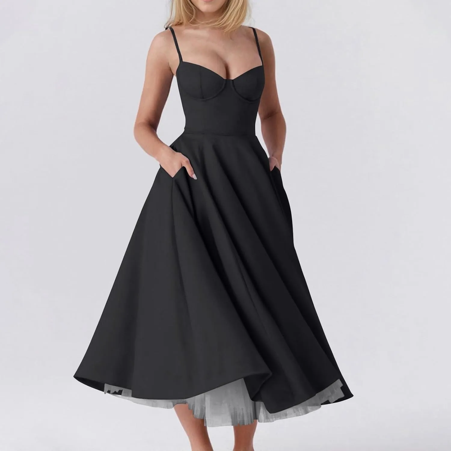 NBXNZWF Women's Corest Dress Spaghetti Strap A-line Drop Waist Midi Dress Flowy Pleated Hem Low Cut Bustier Prom Dresses