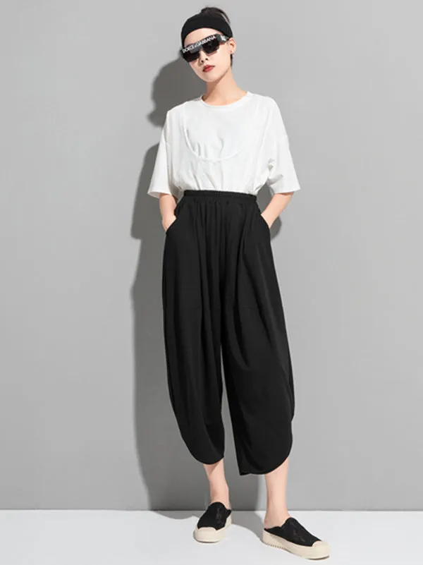 Original Solid Color Elasticity Waist Harem Capri-Pants