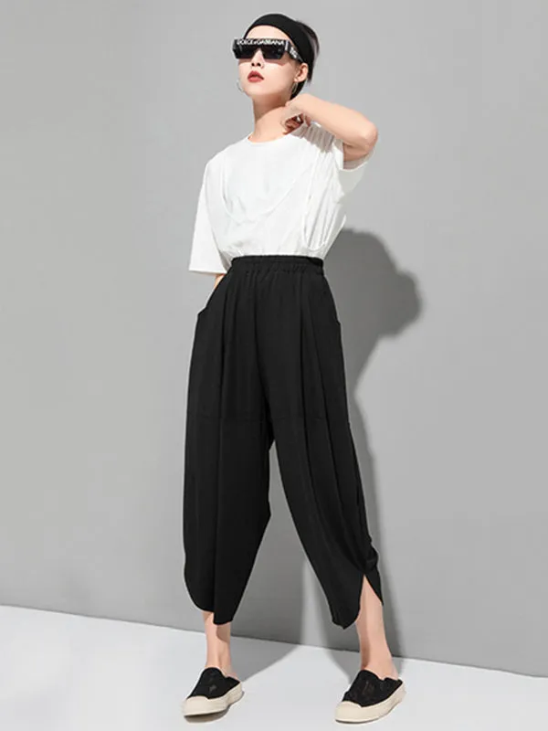 Original Solid Color Elasticity Waist Harem Capri-Pants