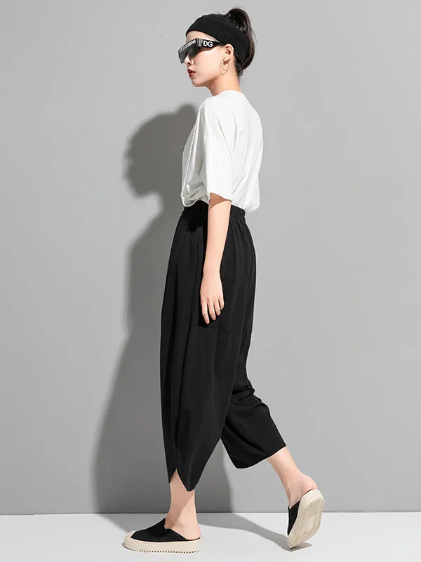 Original Solid Color Elasticity Waist Harem Capri-Pants