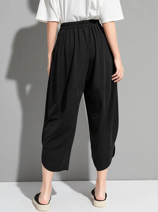 Original Solid Color Elasticity Waist Harem Capri-Pants