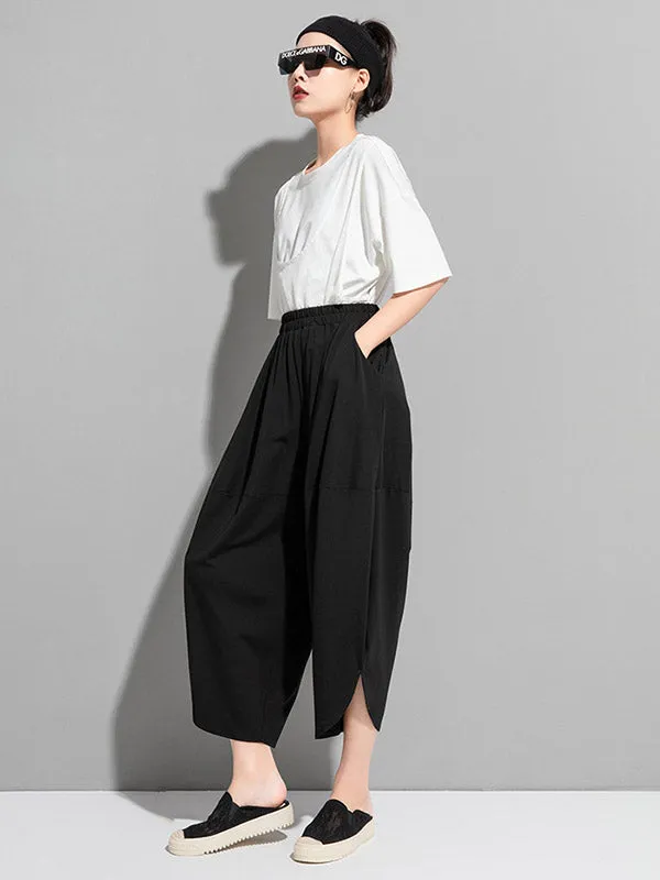 Original Solid Color Elasticity Waist Harem Capri-Pants