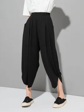 Original Solid Color Elasticity Waist Harem Capri-Pants