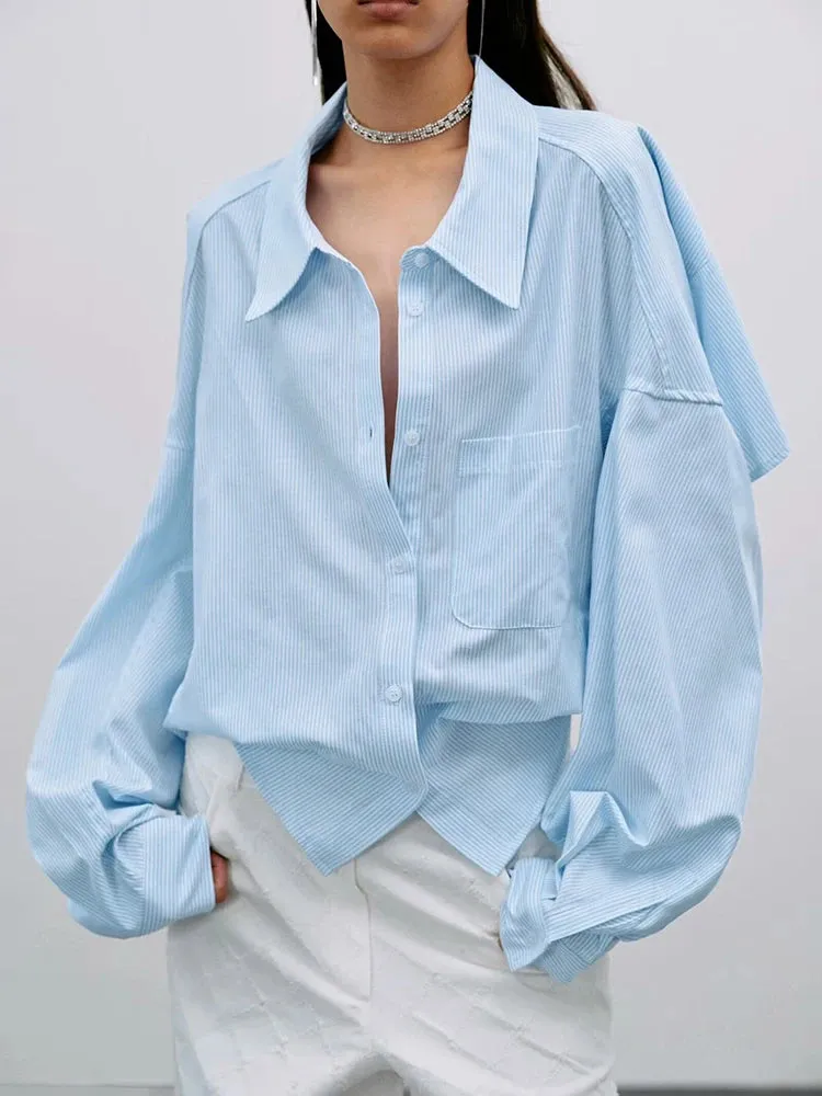 Patchwork Pockets Chic Irregular Blouses For Women Lapel Long Sleeve Spliced Single Breasted Minimalist Loose Shirts Female