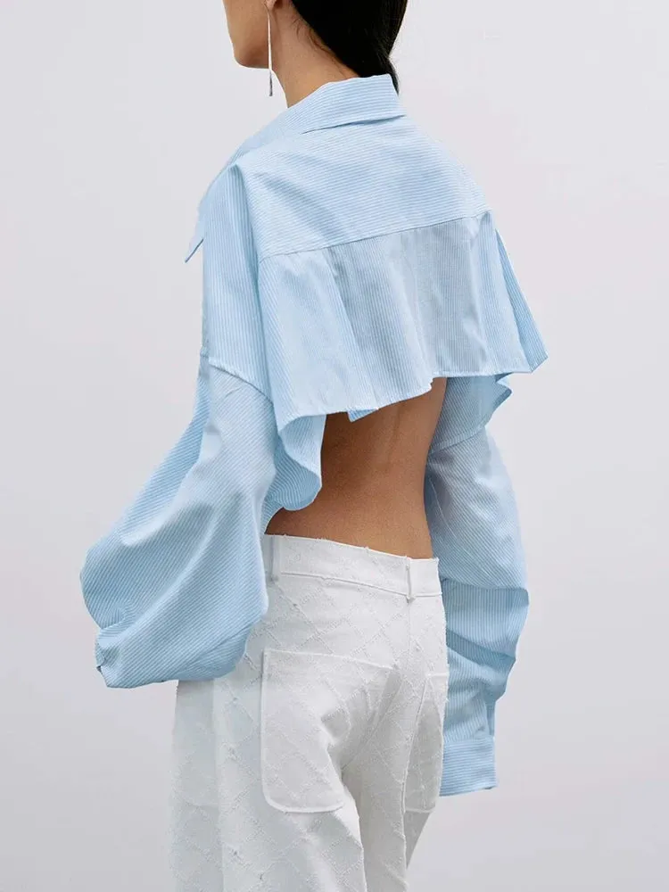Patchwork Pockets Chic Irregular Blouses For Women Lapel Long Sleeve Spliced Single Breasted Minimalist Loose Shirts Female