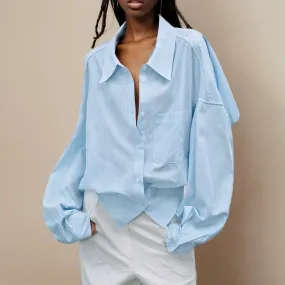 Patchwork Pockets Chic Irregular Blouses For Women Lapel Long Sleeve Spliced Single Breasted Minimalist Loose Shirts Female