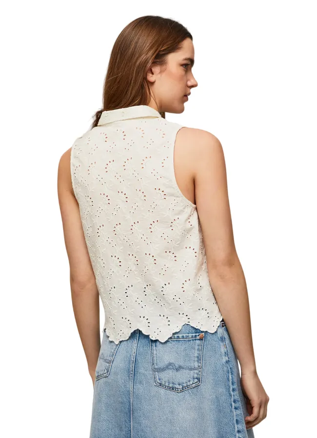 PepeJeans Camicia da donna smanicata traforata Eris PL304553 800 white