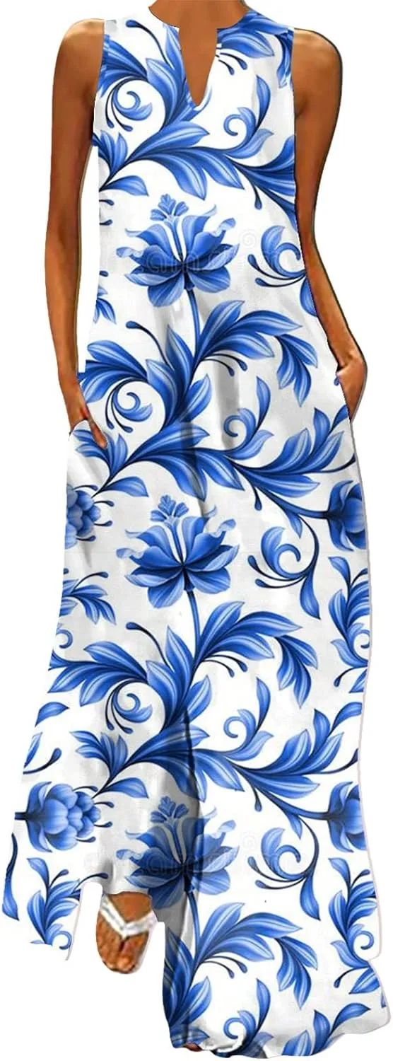 Plus Size Summer Dresses for Women V Neck Floral Print Sundress with Pockets Casual Loose Flowy Sun Dress Maxi Dress