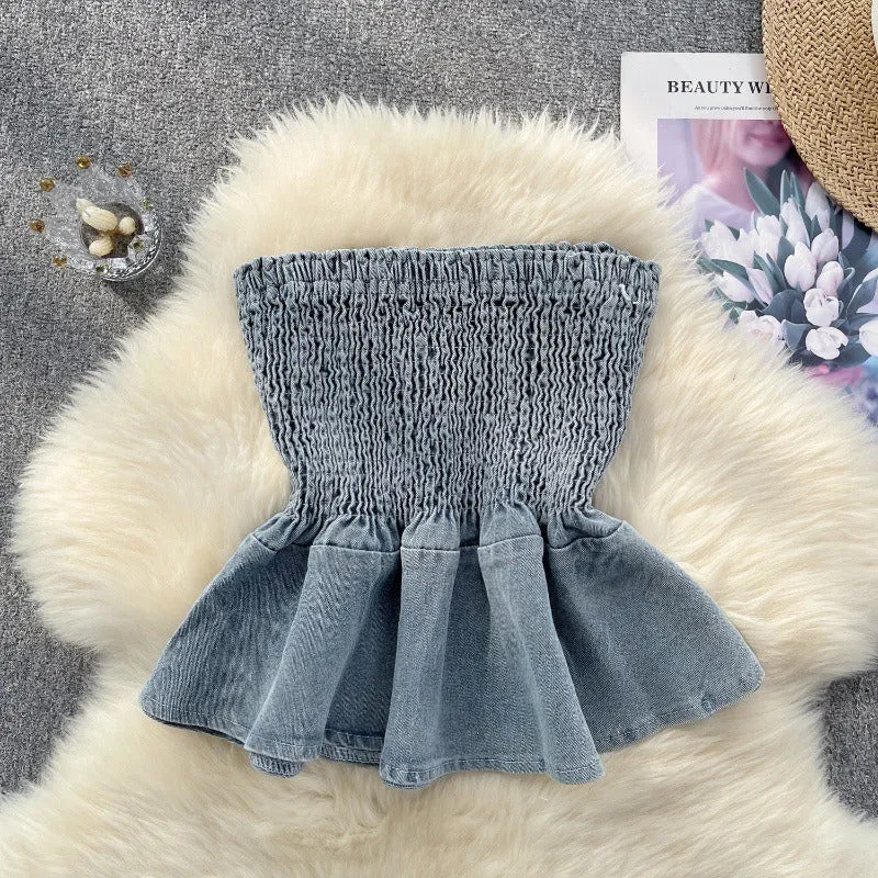 Pre Order:  Elastic Denim Ruffle Tube Top