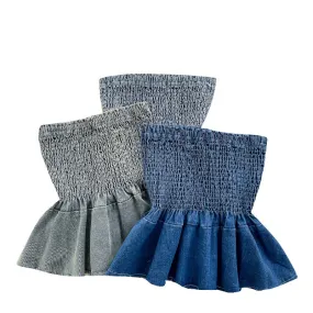 Pre Order:  Elastic Denim Ruffle Tube Top