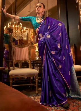 Purple And Turquoise Zari Woven Satin Silk Saree