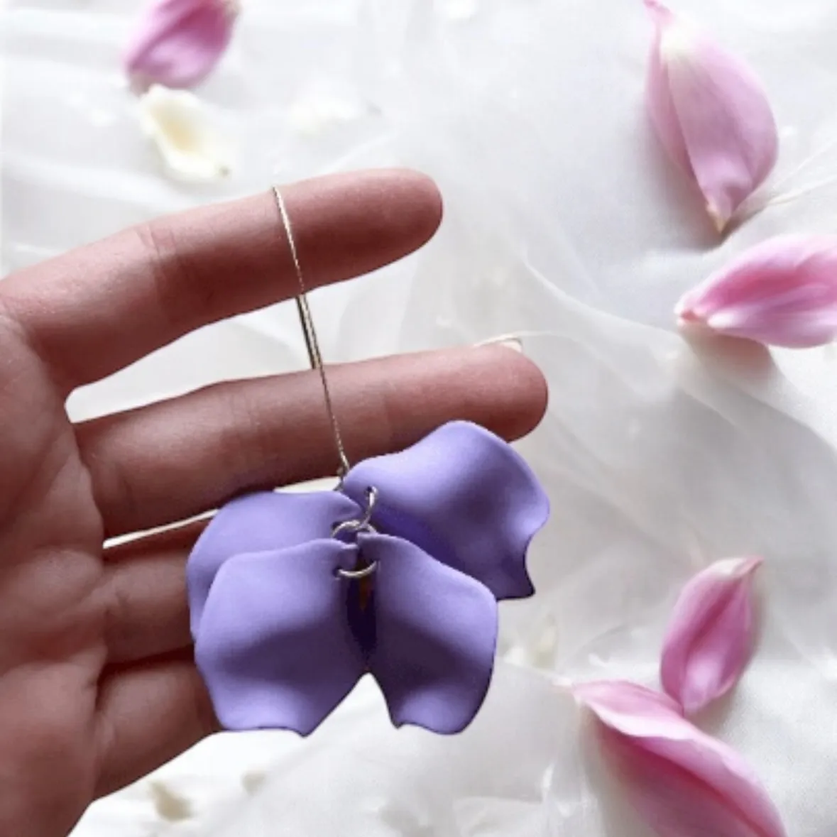 Purple - Sweet purple petals earrings | silver metal colourful floral earrings | unique baroque english garden flower earrings | wedding bridal party