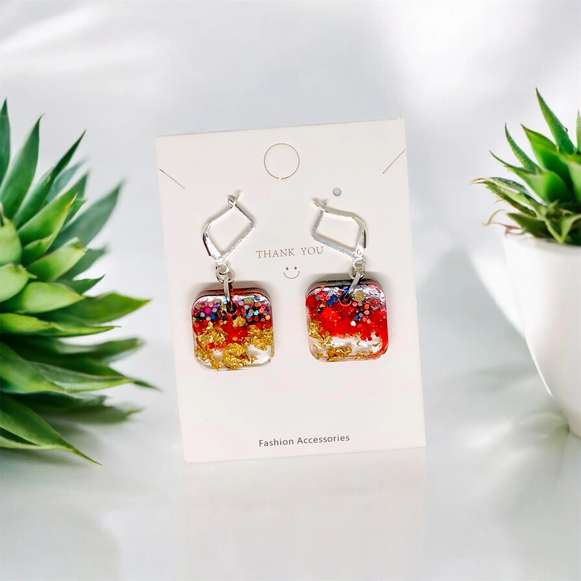Red Simple Elegance Resin Earrings with S29 Silver Huggies