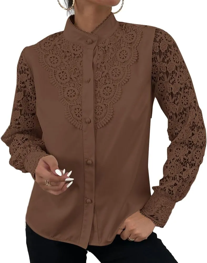 Rooscier Women's Lace Crochet Mock Neck Long Sleeve Button Elegant Blouse Shirt Top