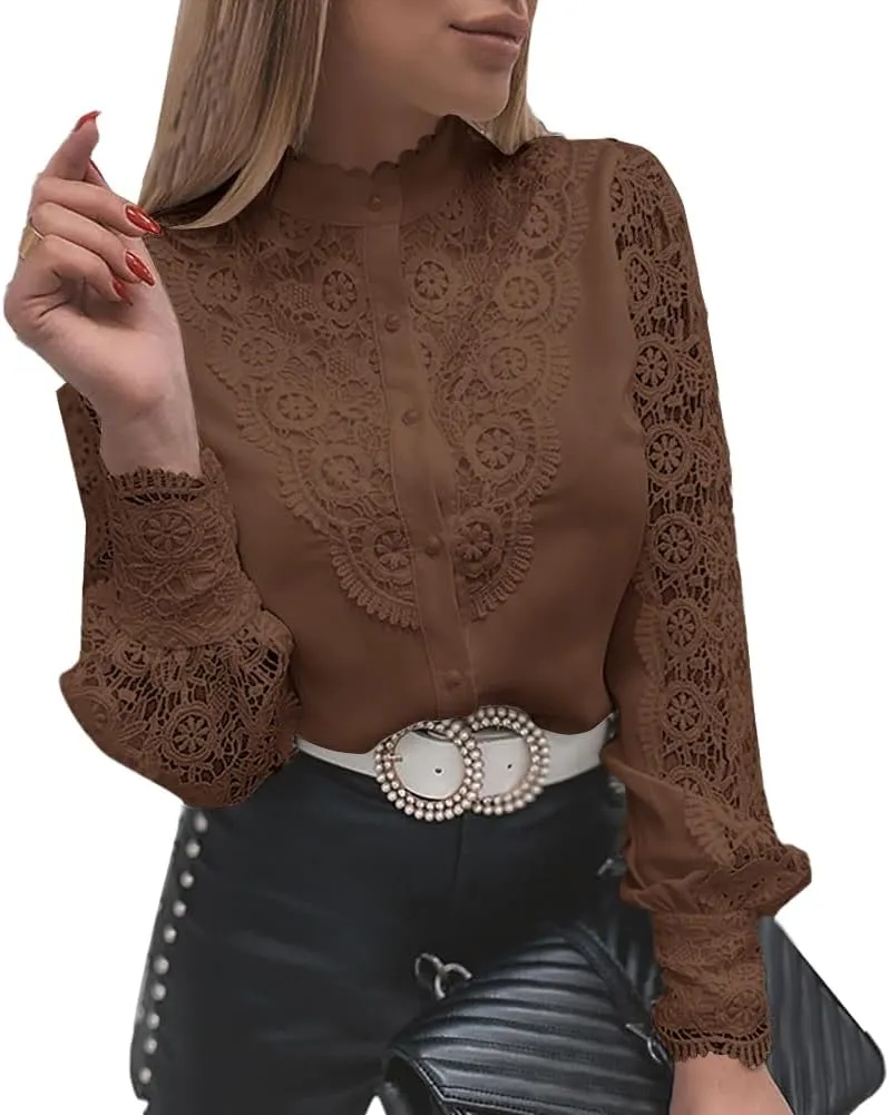 Rooscier Women's Lace Crochet Mock Neck Long Sleeve Button Elegant Blouse Shirt Top