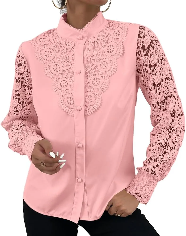 Rooscier Women's Lace Crochet Mock Neck Long Sleeve Button Elegant Blouse Shirt Top