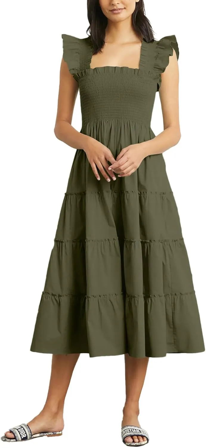 Rooscier Women's Square Neck Smocked Ruffle Sleeveless Sundress Tiered A Line Midi Dress