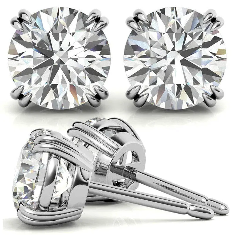 Round Solitaire White Gold Silver Double 4-Prong Claw Earring For Woman