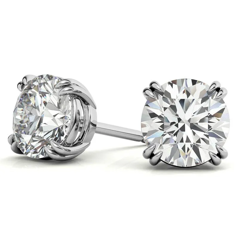 Round Solitaire White Gold Silver Double 4-Prong Claw Earring For Woman