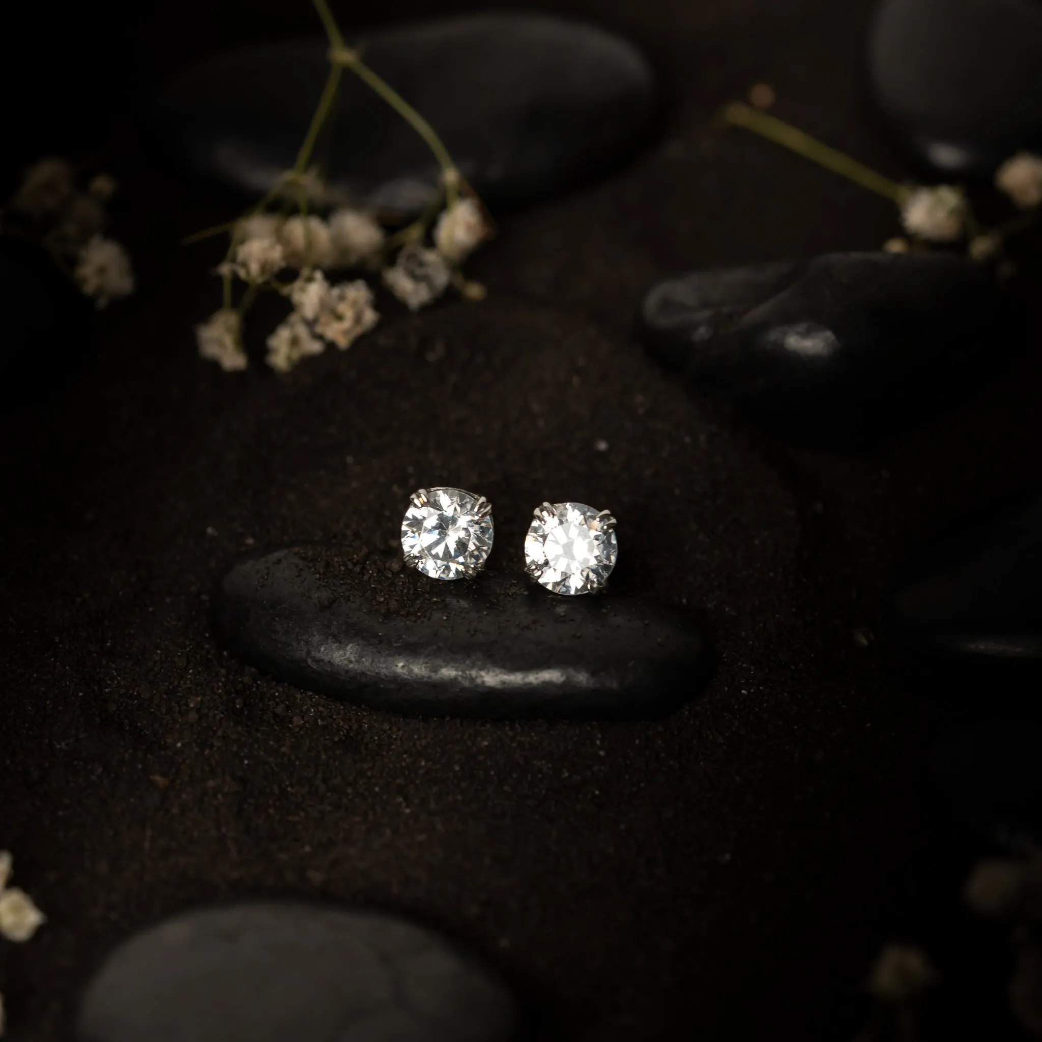 Round Solitaire White Gold Silver Double 4-Prong Claw Earring For Woman