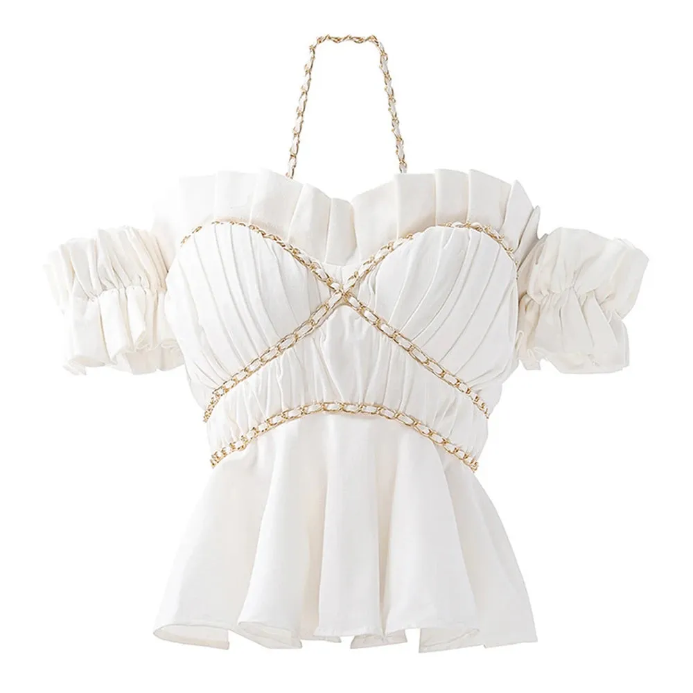 Sexy Off Shoulder Patchwork Chains Solid Slimming Shirts For Women Halter Short Sleeve Minimalist Fashion Blouse Female New