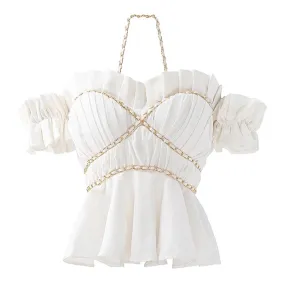 Sexy Off Shoulder Patchwork Chains Solid Slimming Shirts For Women Halter Short Sleeve Minimalist Fashion Blouse Female New