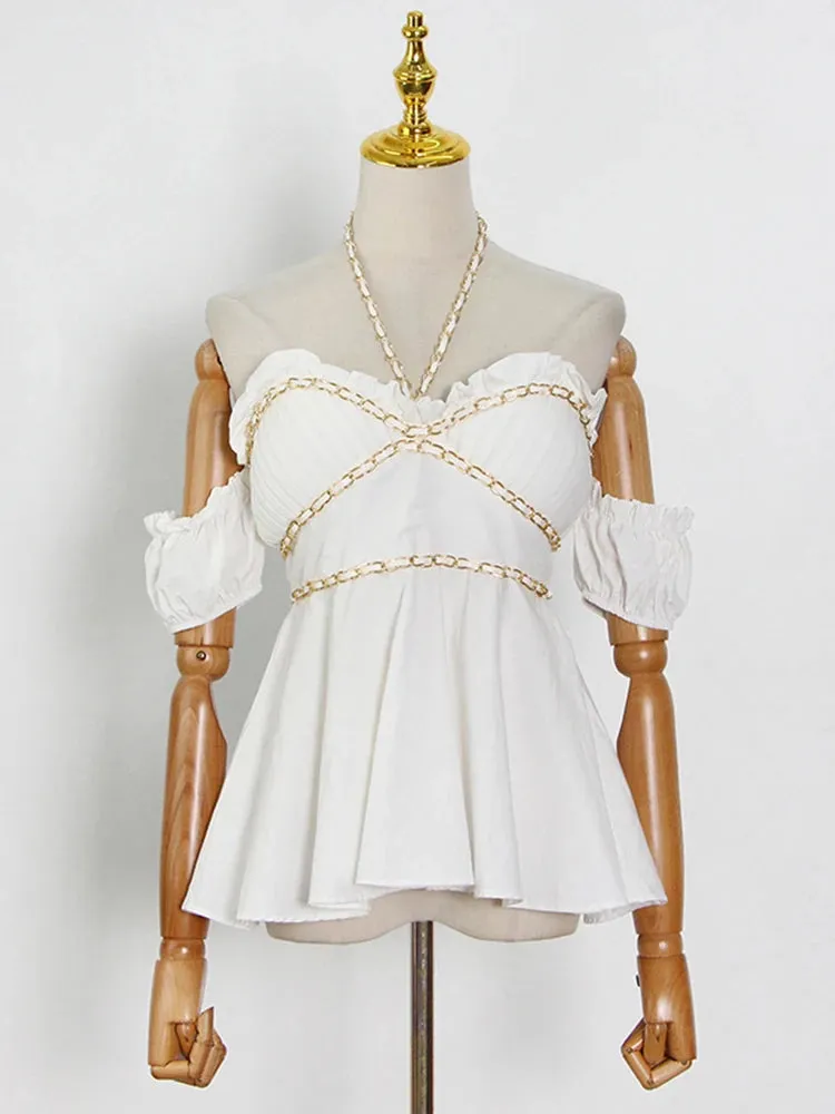 Sexy Off Shoulder Patchwork Chains Solid Slimming Shirts For Women Halter Short Sleeve Minimalist Fashion Blouse Female New