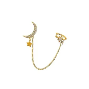 Silver Pave Crystal Celestial Crescent Moon Chain Yellow Gold Cuff Earring For Woman