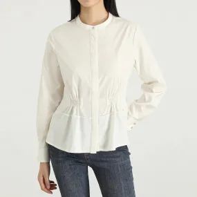 Solid Casual Minimalist Slimming Blouses For Women Round Neck Long Sleeve Spliced Single Breasted Blouse Female