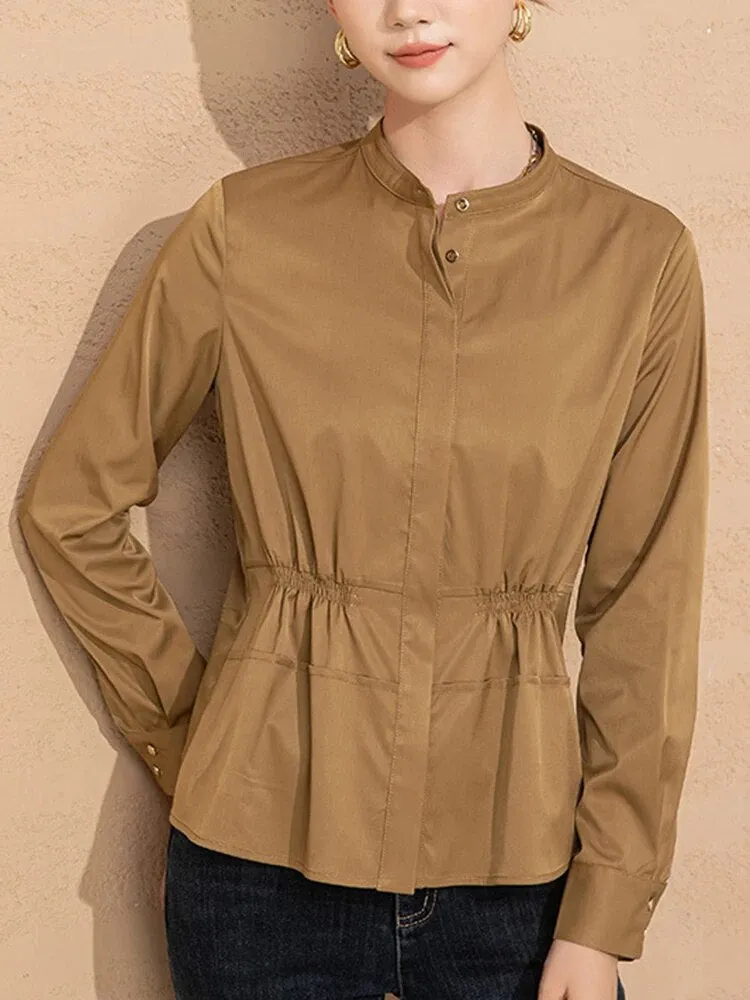 Solid Casual Minimalist Slimming Blouses For Women Round Neck Long Sleeve Spliced Single Breasted Blouse Female