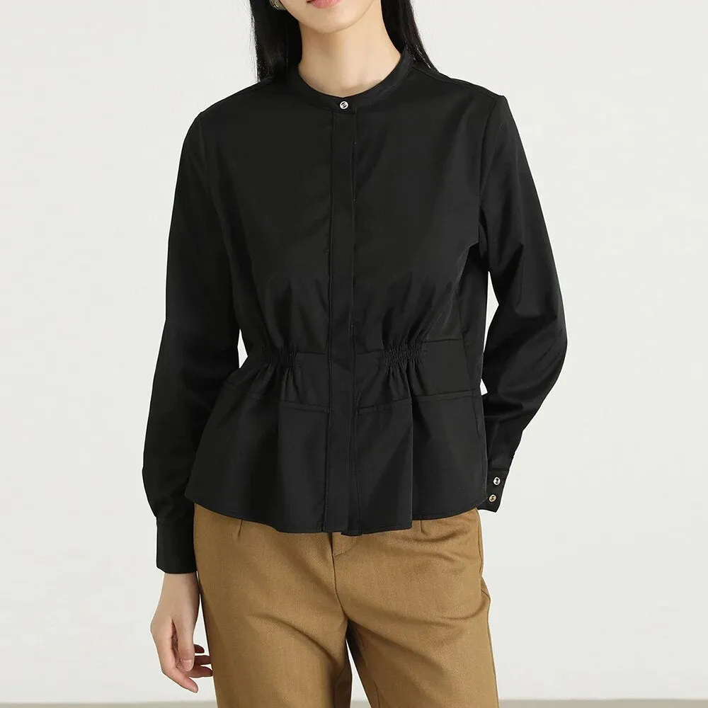 Solid Casual Minimalist Slimming Blouses For Women Round Neck Long Sleeve Spliced Single Breasted Blouse Female