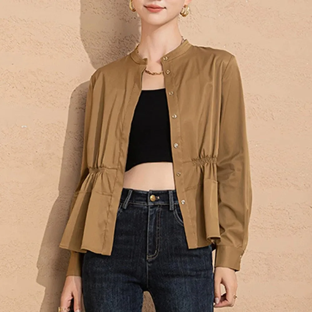 Solid Casual Minimalist Slimming Blouses For Women Round Neck Long Sleeve Spliced Single Breasted Blouse Female