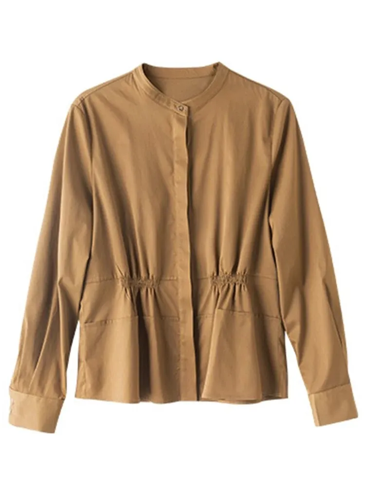 Solid Casual Minimalist Slimming Blouses For Women Round Neck Long Sleeve Spliced Single Breasted Blouse Female