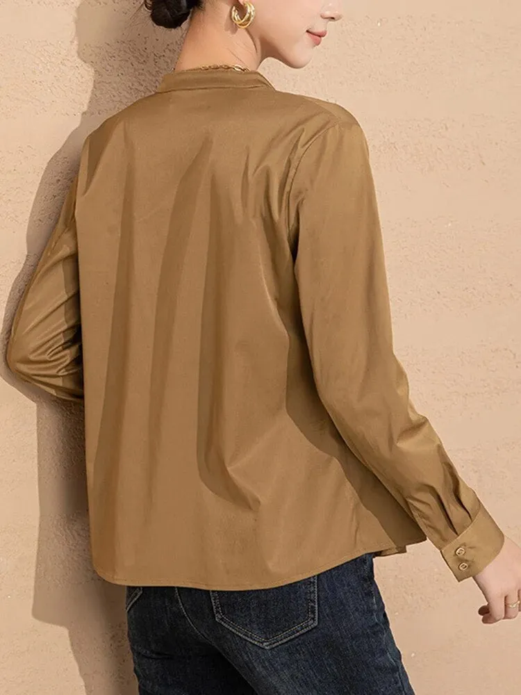 Solid Casual Minimalist Slimming Blouses For Women Round Neck Long Sleeve Spliced Single Breasted Blouse Female
