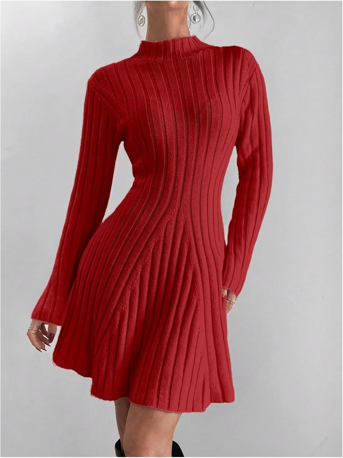 SOLY HUX Women's Long Sleeve Sweater Dress Mock Neck Ribbed Knit Elegant Flared Mini Dresses