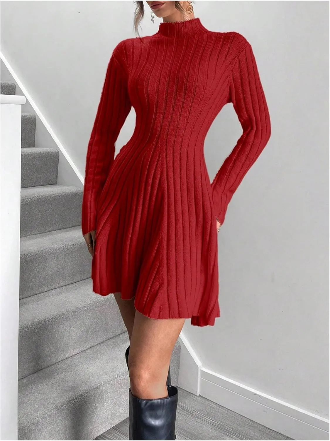 SOLY HUX Women's Long Sleeve Sweater Dress Mock Neck Ribbed Knit Elegant Flared Mini Dresses