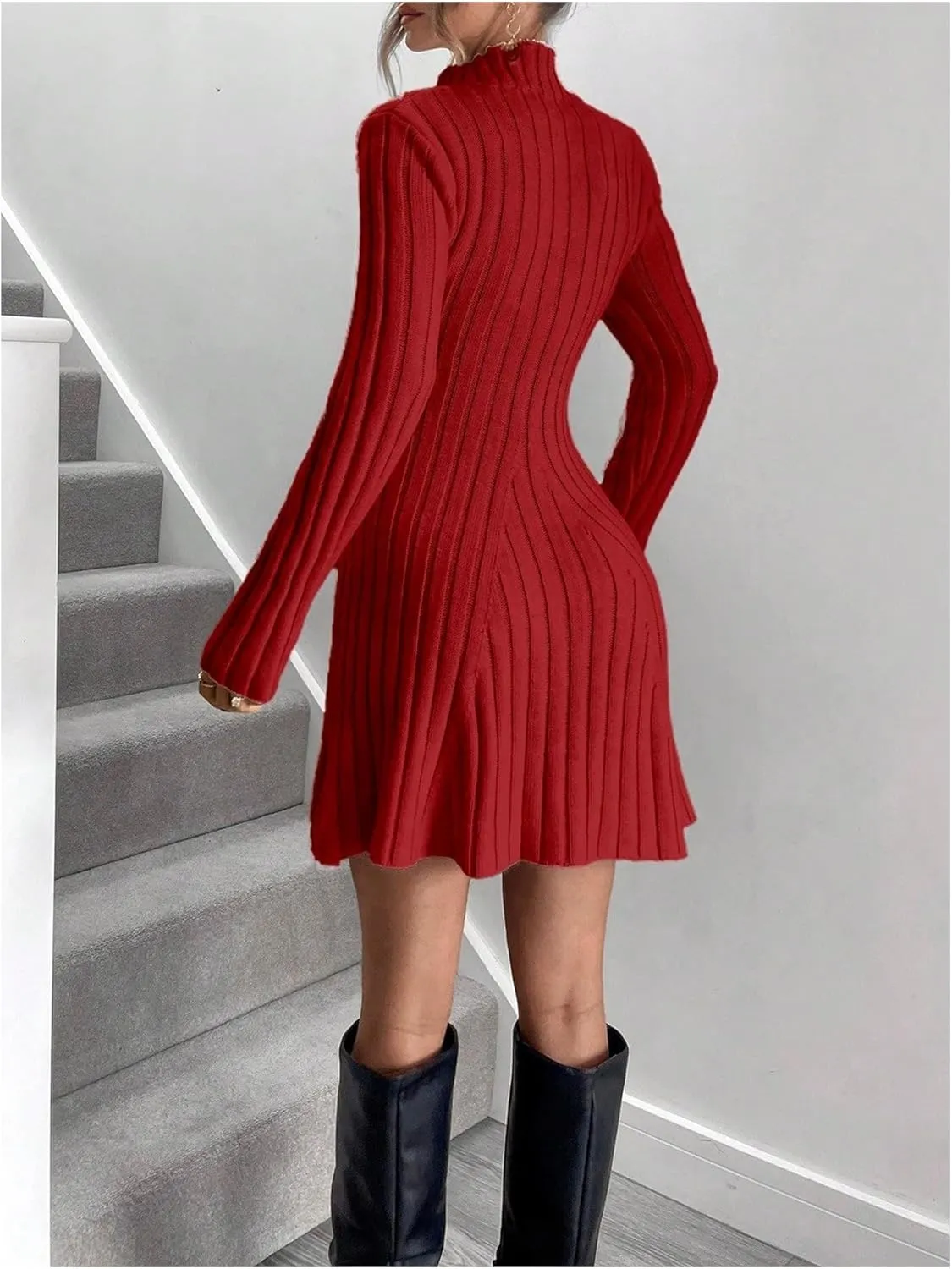 SOLY HUX Women's Long Sleeve Sweater Dress Mock Neck Ribbed Knit Elegant Flared Mini Dresses