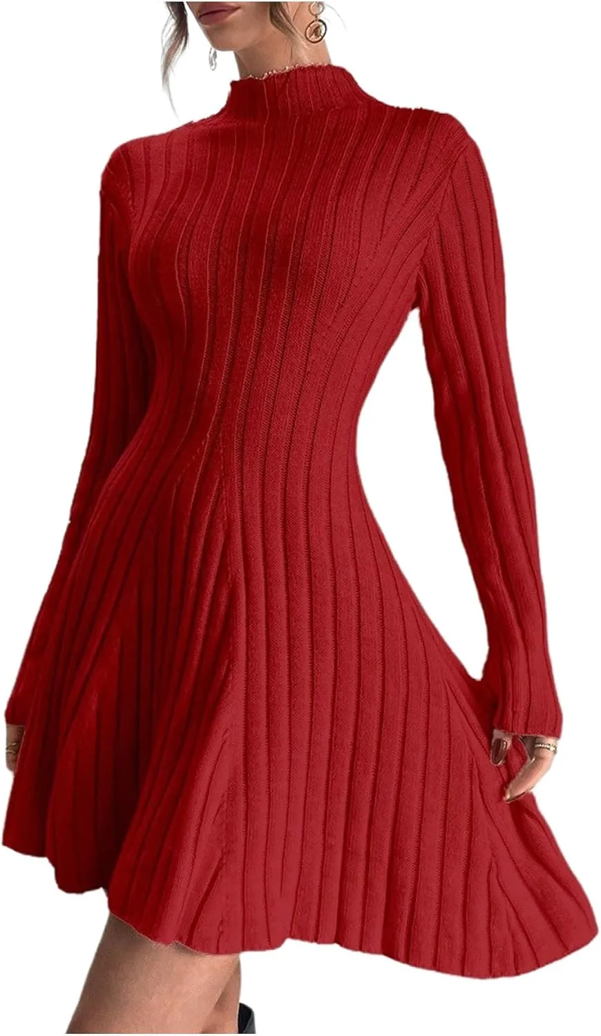 SOLY HUX Women's Long Sleeve Sweater Dress Mock Neck Ribbed Knit Elegant Flared Mini Dresses