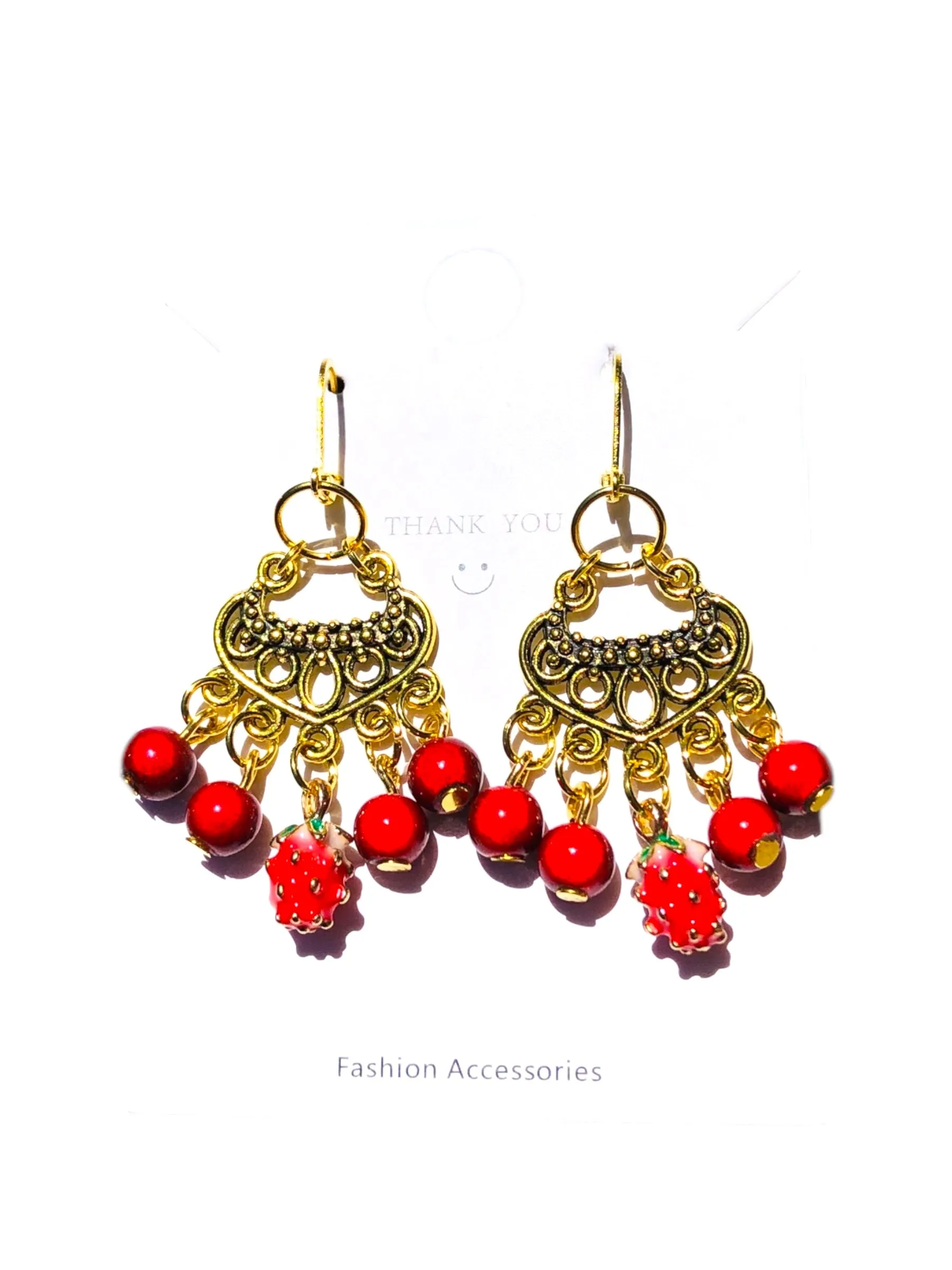 Strawberry Red Bohemian Antique Red Gold Chandelier Earrings