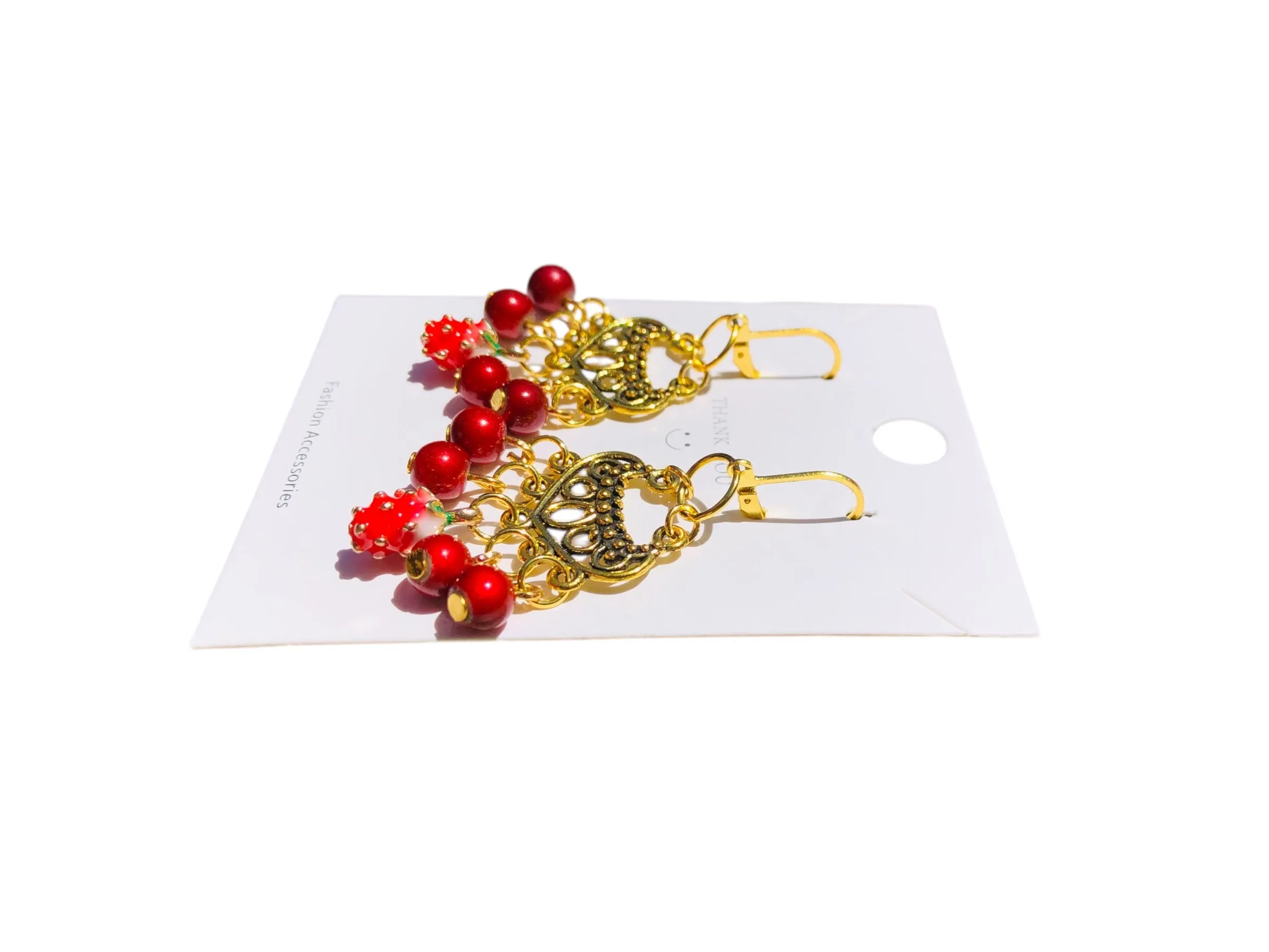 Strawberry Red Bohemian Antique Red Gold Chandelier Earrings