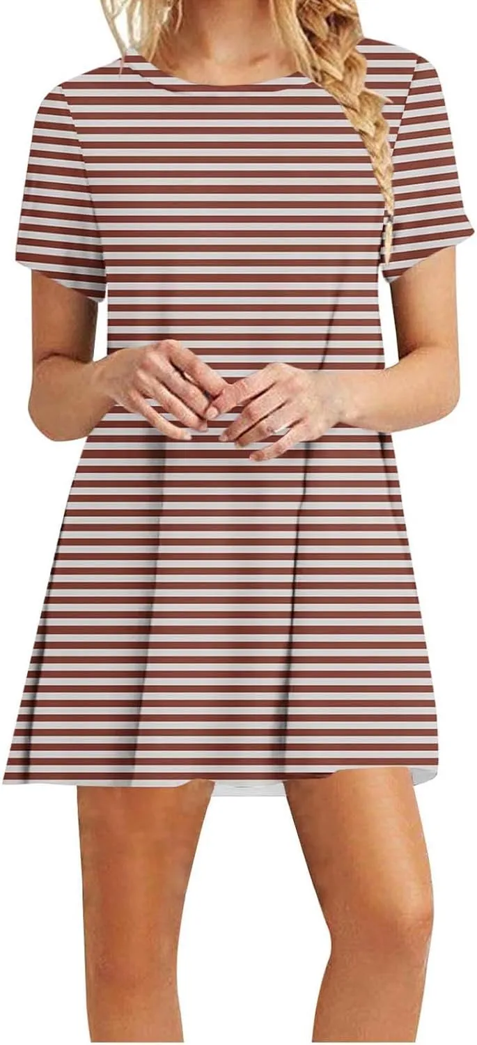 Striped T Shirt Dress for Women Summer Short Sleeve Dress Crew Neck Loose Dress Trendy Casal Dress Sun Beach Dress