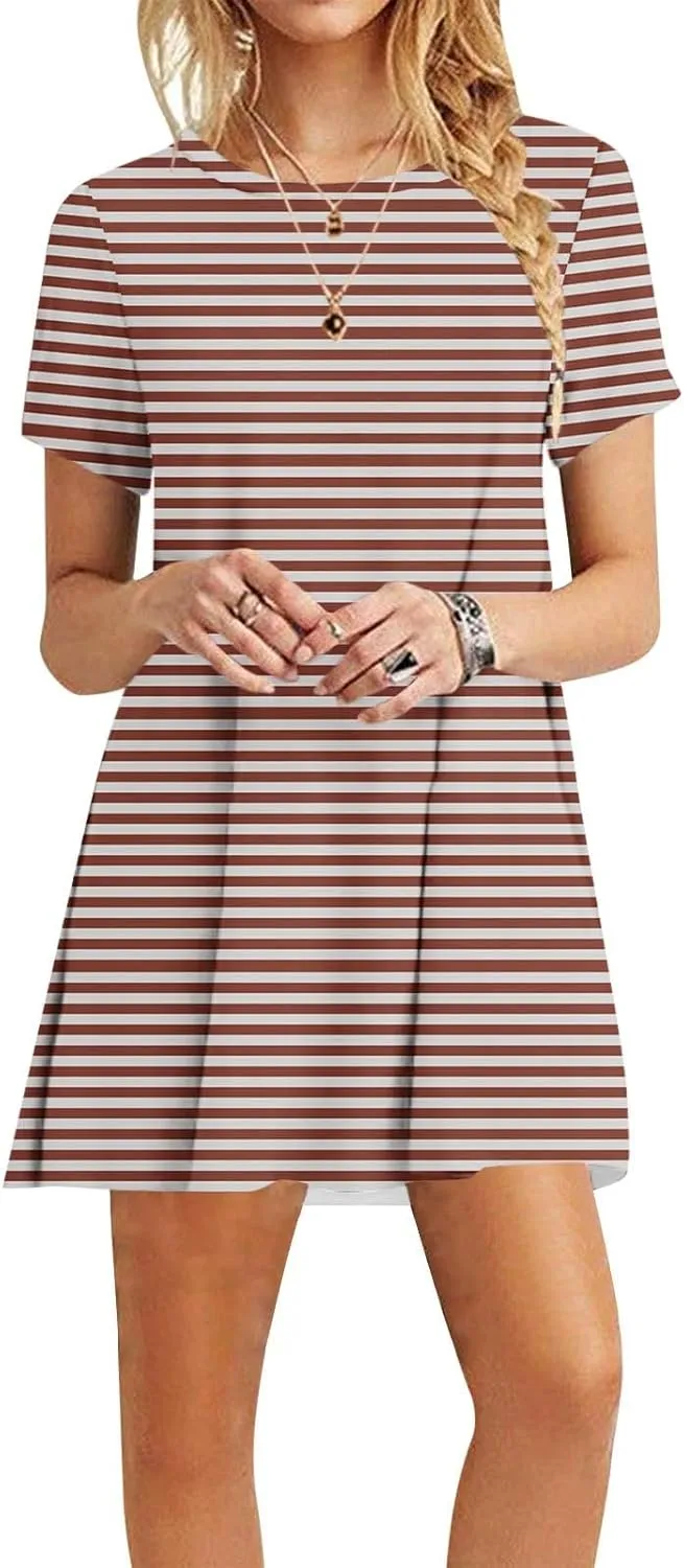 Striped T Shirt Dress for Women Summer Short Sleeve Dress Crew Neck Loose Dress Trendy Casal Dress Sun Beach Dress