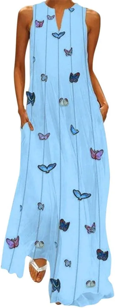 Summer Dresses for Women 2024 Plus Size Casual Loose Boho Sundress with Pockets V Neck Printed Sun Dress Maxi Dress